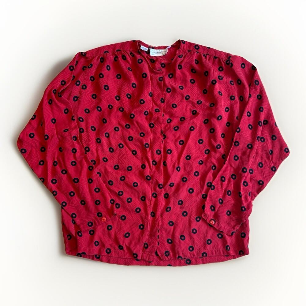 Vintage 80s Christian Dior Red Black Polka Dots Silk Blouse Women’s Size XL